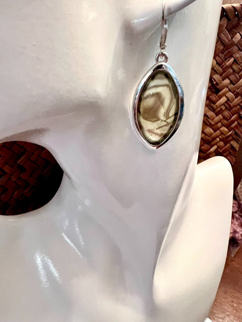NEW ~ EARRINGS ~ Marquise Shaped ~ Silver Tone ~ Faux Abalone ~ Hinged Closure